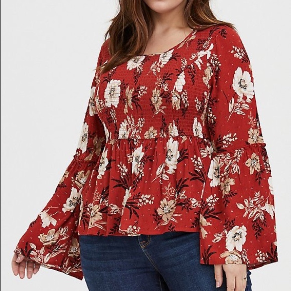 2X // Torrid Red Terracotta Floral Crinkled  Gauze Midi Babydoll Top